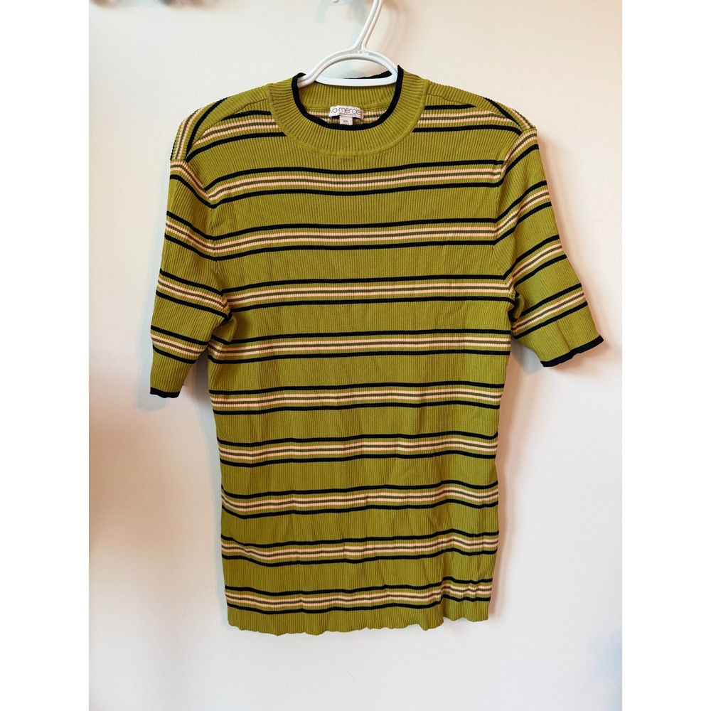 Eva Mendes New York & Company Green Striped Ribbed Knit Sweater XXL Short Sleeve